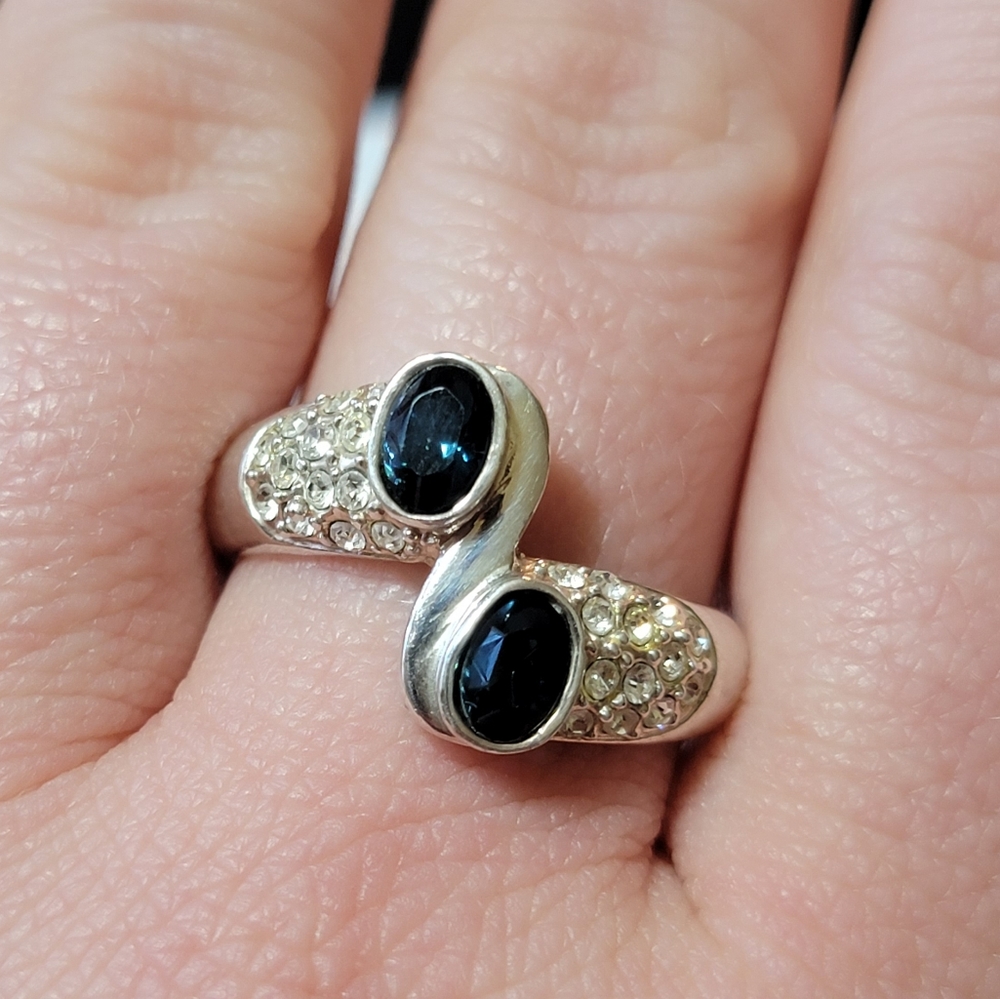 Vintage Silver Tone Faux Diamond and Sapphire Bypass RingSize 12.5 - Picture 5 of 10